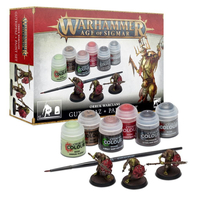 Warhammer Age of Sigmar orruk warclans starter kit 6 pots of paint, a brush and 3 figurines