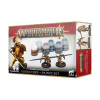 Kit de départ Warhammer Age of Sigmar Stormcast  Eternals Vindicators: 6 pots de peintures, des figurines d'essai et un pinceau.