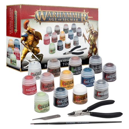 Warhammer Age of Sigmar starter kit 13 pots of paint and 3 tools (brush, cutting pliers, chiseling tool)