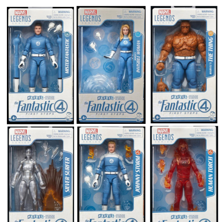 Marvel Legends Série Les Quatre Fantastiques : Premiers Pas - ensemble de 6 figurines échelle 6 pouces (Mister Fantastic, Johnny Storm, Silver Surfer, La Torche Humaine, La Chose, Sue Storm La Femme Invisible) Hasbro