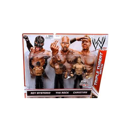 WWE Triple Threat Match Rey Mysterio/The Rock/Christian action figures (2012) Mattel X6539